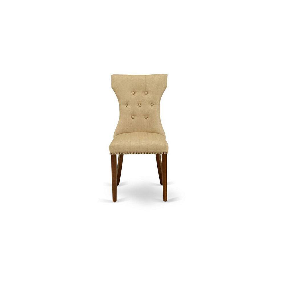 Natural Rubber Wood Round Dining Table Set with Beige Linen Chairs