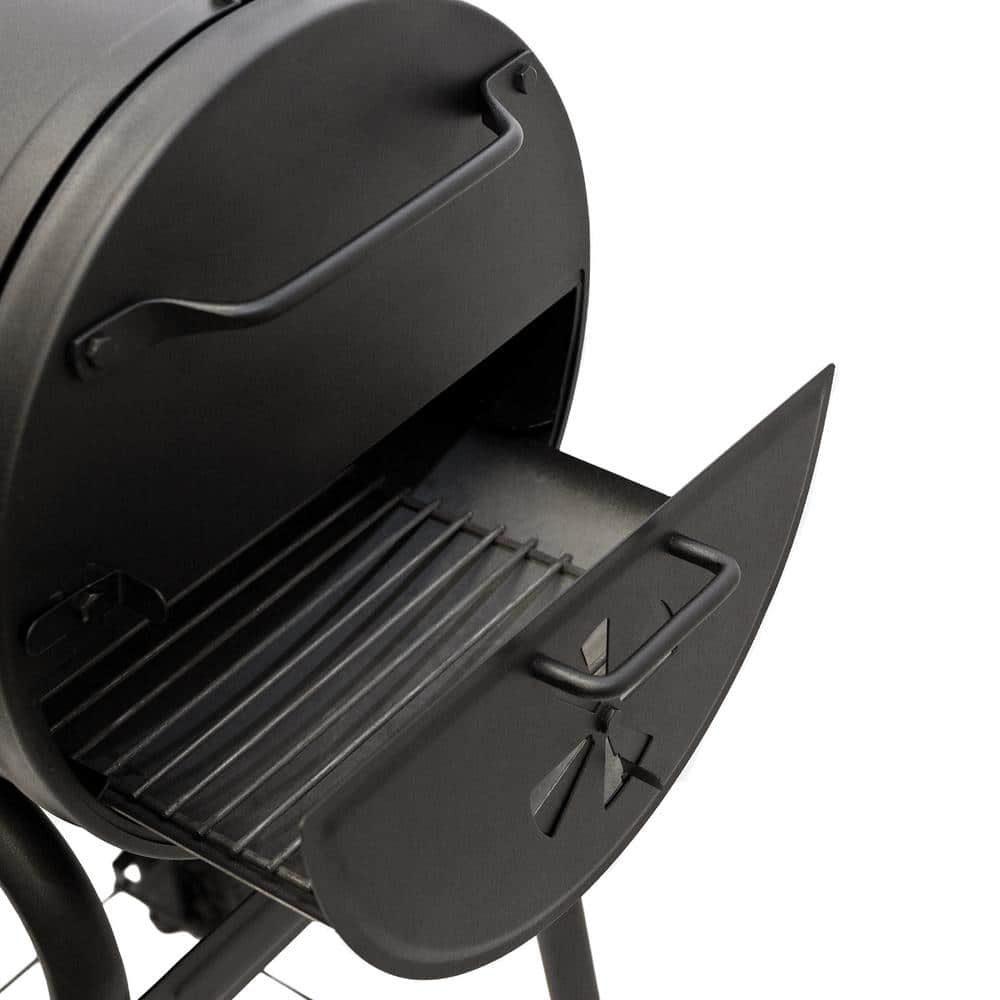 Black Barrel Charcoal Grill with Wood Shelf and Cast Iron Grates