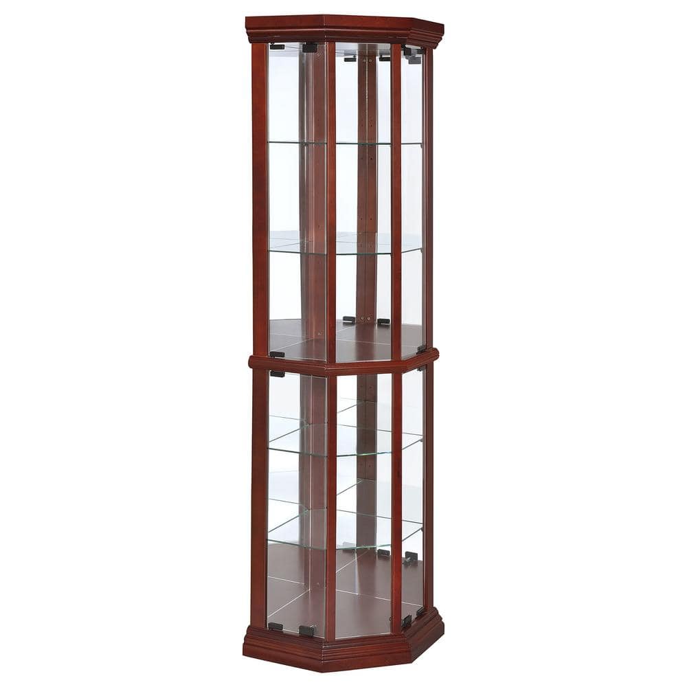 Medium Brown Lighted Corner Curio Cabinet with Glass Shelves