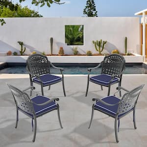 4-Piece Cast Aluminum Black Frame Patio Dining Chair Garden and Outdoor Side Chair with Random Color Cushions