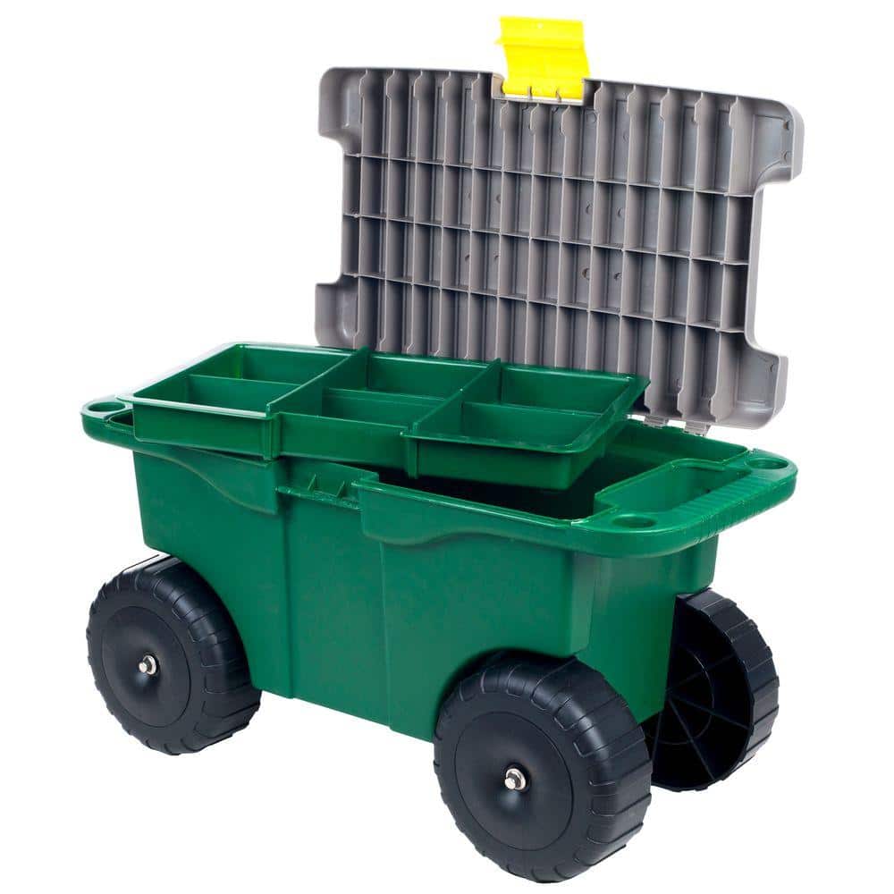 Green Rolling Garden Cart with Seat and Storage