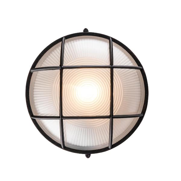 Bel Air Lighting Aria 8 in. 1-Light Rust Round Bulkhead Outdoor Wall Light Fixture with Frosted Glass