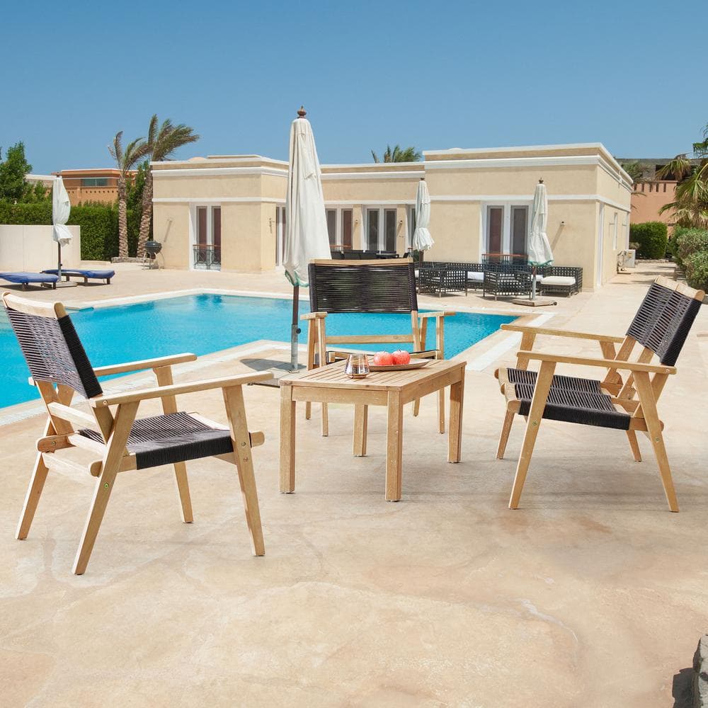 4-Piece Wood Patio Conversation Set, Outdoor Black Rope Furniture Set for B