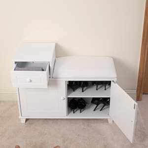 23.62 in. H x 31.50 in. W White Wood Shoe Storage Bench, Shoe Ottoman Cabinet with Drawer and Cushion
