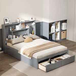 Gray Wood Frame Full Size Platform Bed with Storage Shelves and 2 Drawers