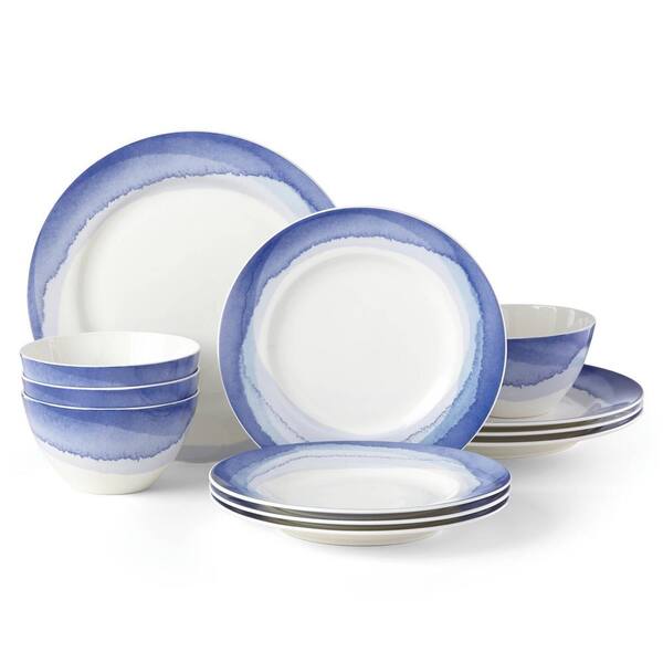 Lenox Indigo Watercolor Stripe 12-Piece Contemporary Indigo Stripe Porcelain Dinnerware Set (Service for 4)