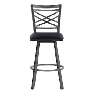 30 in. Transitional Black Faux Leather Metal Cross Back Bar Stool
