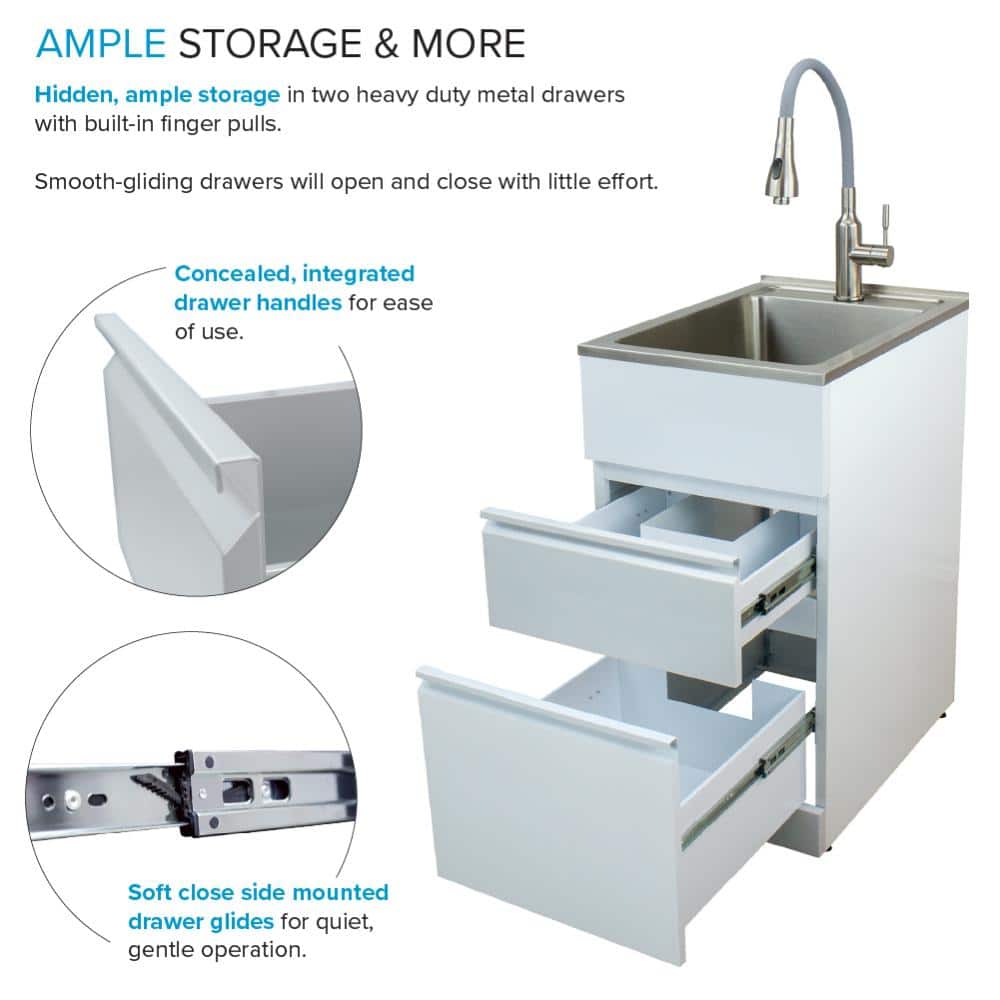 Gloss White Stainless Steel Single Basin Laundry Sink with Cabinet