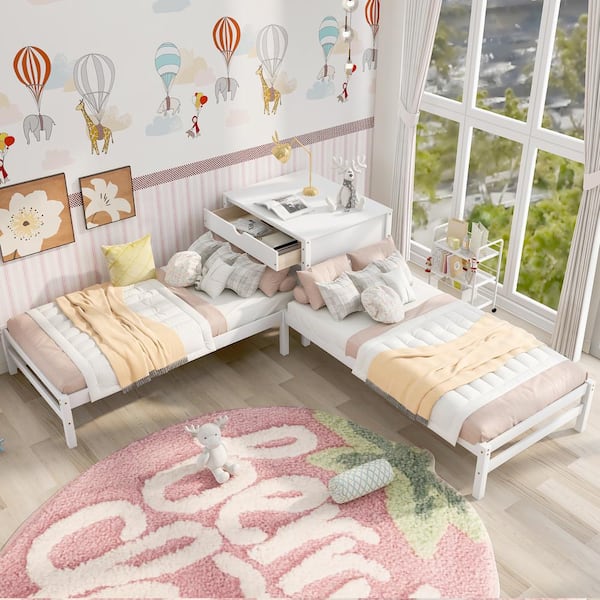 GODEER White Twin Size L-Shaped Platform Beds with Drawer Linked with Built in Rectangle Table