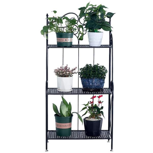 Karl home 44.88 in. Tall Indoor/Outdoor Black Metal Foldable Plant Stand (3-Tier)