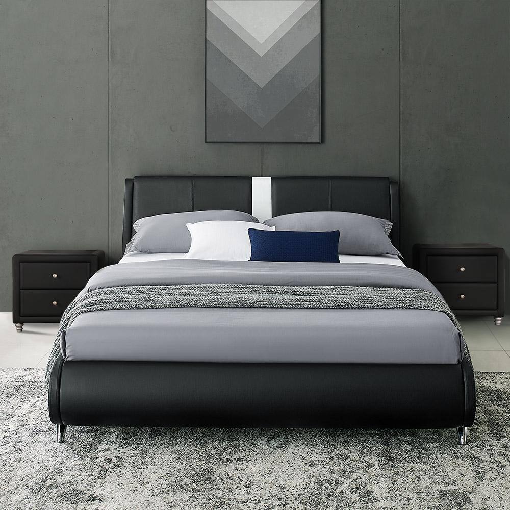 Black Faux Leather Queen Platform Bed with Tufted Headboard