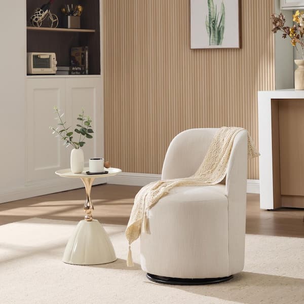 Filbert Beige Linen Upholstered Barrel Dining Chair, 360˚ Swivel Comfy Armless Chair