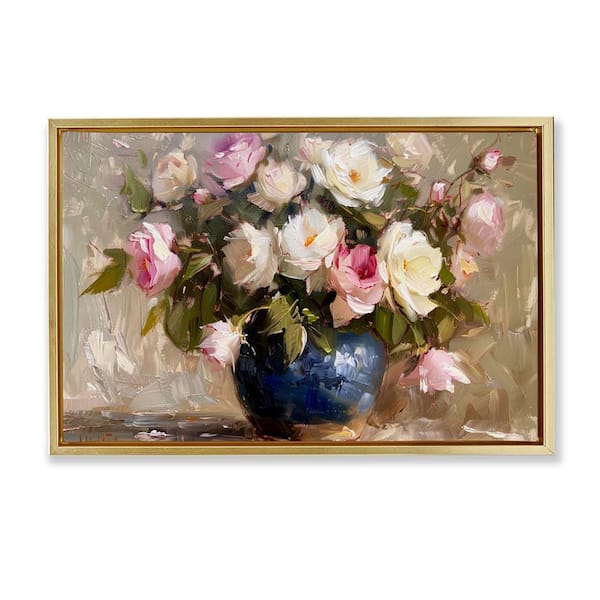 Stupell Industries Painterly Vase of Roses by LSR Design Studio Gold Floater Frame Nature Graphic Art Print 21 in. x 31 in.