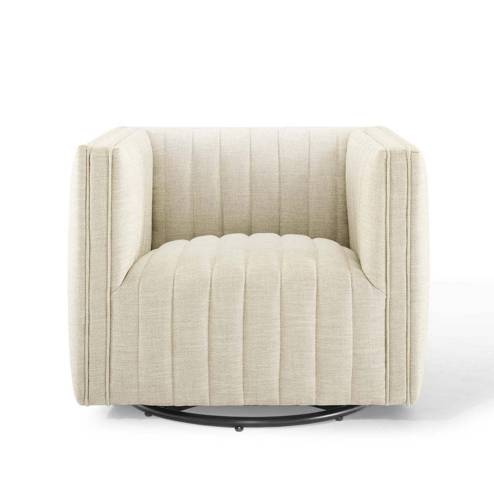 Beige Velvet Swivel Accent Chair with Wood Base