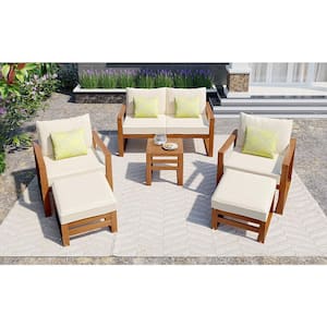 Outdoor Patio Wood 6-Piece Conversation Set, Sectional Garden Seating Groups Chat Set with Ottomans and Beige Cushions
