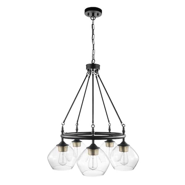 Globe Electric Harrow 5-Light Matte Black Chandelier with Gold Accent Sockets and Clear Glass Shades