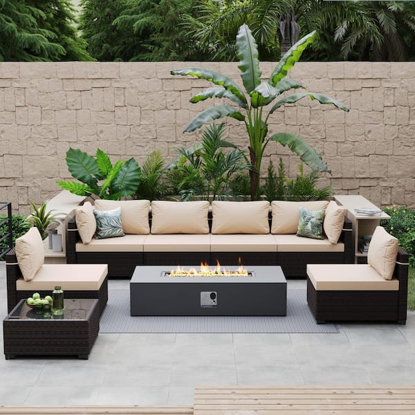 8-Piece Wicker Patio Conversation Set with Cushions and 56 in. Outdoor Rectangle Fire Pit Table, Beign Cushions