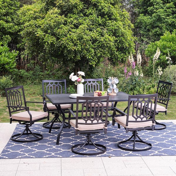 7-Piece Black Metal Outdoor Patio Dining Set with Slat Table and Fashion Swivel Chairs with Beige Cushions