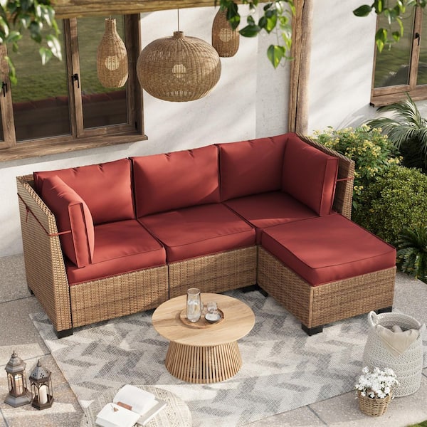 Outdoor Red 4 in. Thick Replacement Cushion Set Seat/Back Cushion (Set of 3 Seats, 3-Backs, 2-Short Backs, 1-Footrest)