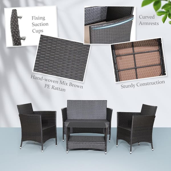 4-pieces Wicker Patio Conversation Set Armrest Sofa Coffee Table with Beige  Cushions Shelf Garden
