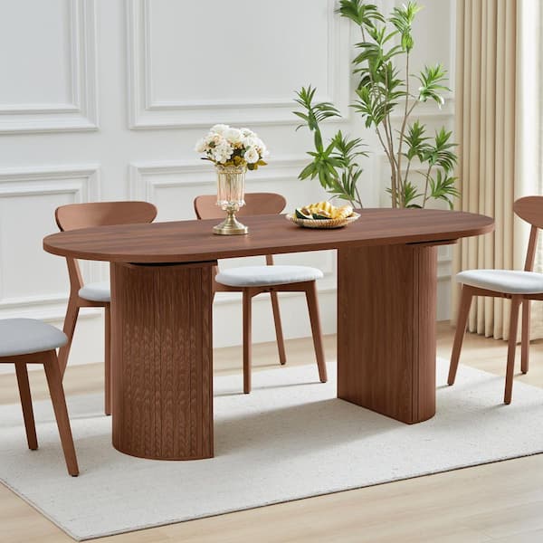 ATHMILE Walnut Wood 70.87 in. Double pedestal Base Dining Table