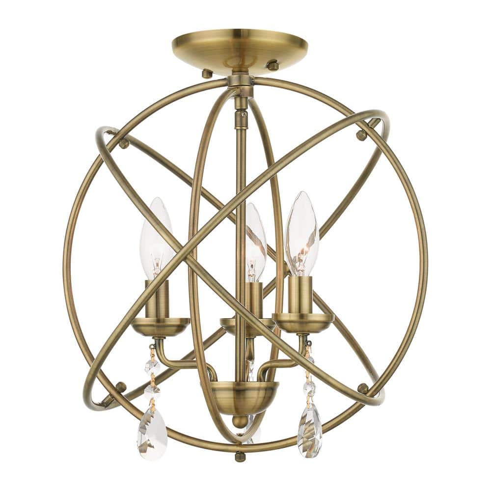 Antique Brass Mini 3-Light Chandelier with Teardrop Crystals