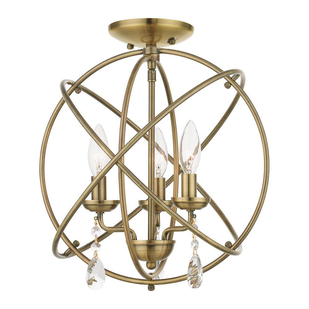 Antique Brass Mini 3-Light Chandelier with Teardrop Crystals
