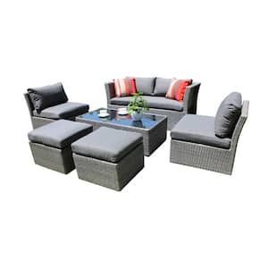 Sunset 6-Piece Wicker Outdoor Patio Furniture Conversation Set with 6 Seats, Tempered Glass Table Top, Grey Cushions