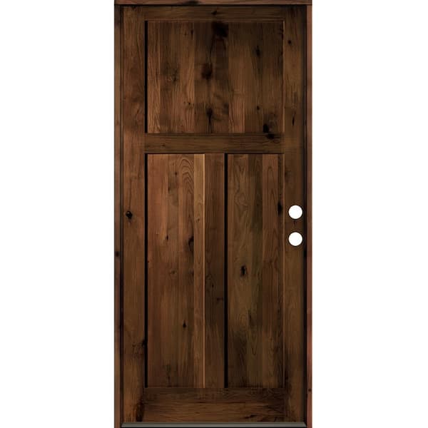 Krosswood Doors 42 in. x 96 in. Rustic Knotty Alder 3-Panel Left-Hand/Inswing Red Mahogany Stain Wood Prehung Front Door