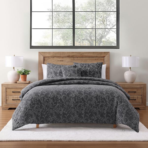 Botanical Grey 4-Piece Stonewashed Jacquard Comforter Set-Full/Queen