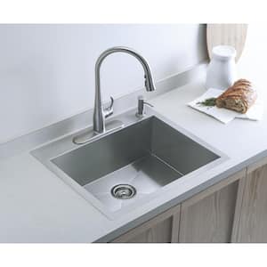 Vault Dual Mount Stainless Steel 25 in. 4-Hole Single Bowl Kitchen Sink Kit with Basin Rack