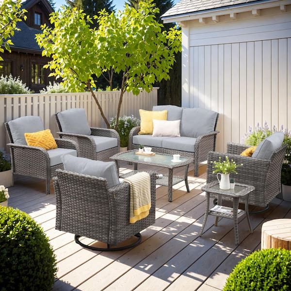 XIZZI Camellia 7-Piece Wicker Patio Conversation Seating Sofa Set with Light Gray Cushions and Swivel Rocking Chairs