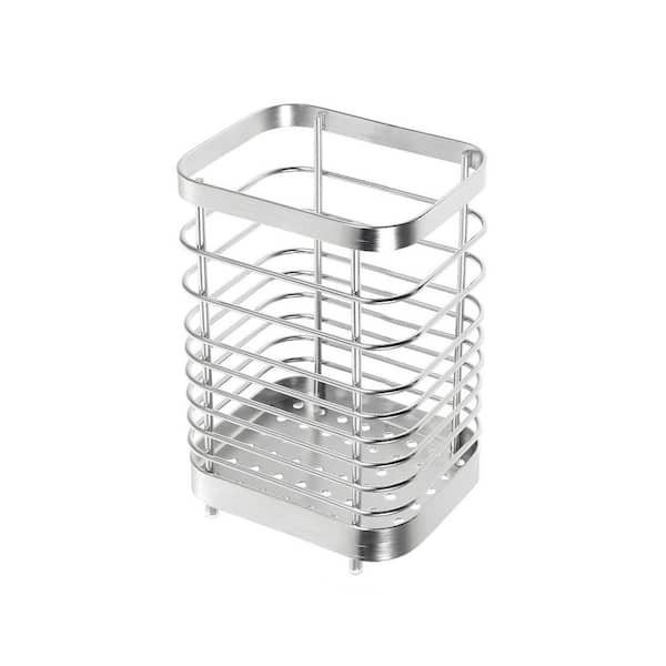 Silver Stainless Steel Utensil Holder with Drainage Holes Kitchen Counter Organizer for Forks Knives Spoons