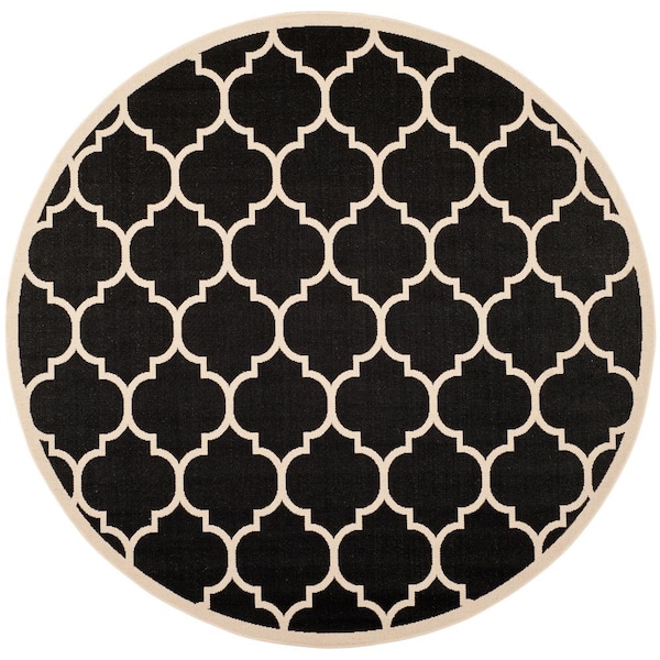 SAFAVIEH Courtyard Black/Beige 4 ft. x 4 ft. Round Geometric Indoor/Outdoor Patio  Area Rug