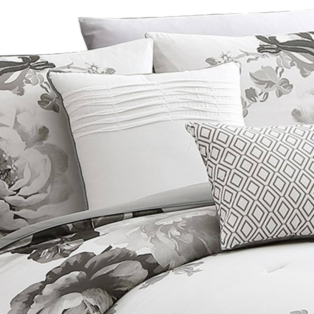 Gray and White Floral Cotton Queen Comforter Set