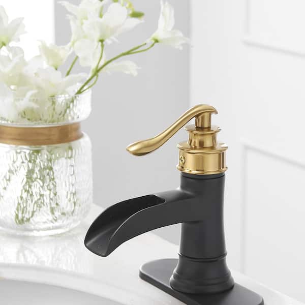 Waterfall Single Hole Single Handle Low-Arc Bathroom Faucet with Pop-Up Drain Assembly in Matte Black