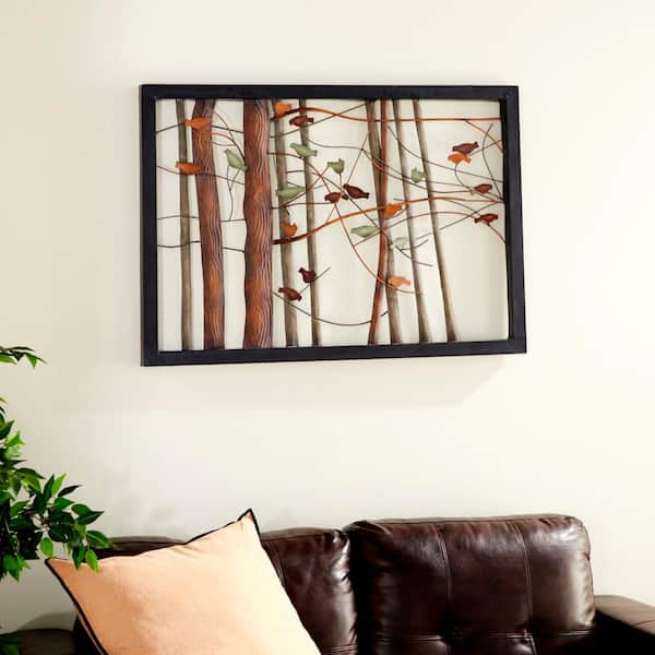 39 in. x  27 in. Metal Multi Colored Cutout Bird Wall Decor with Tree Branch Accents and Black Metal Frame