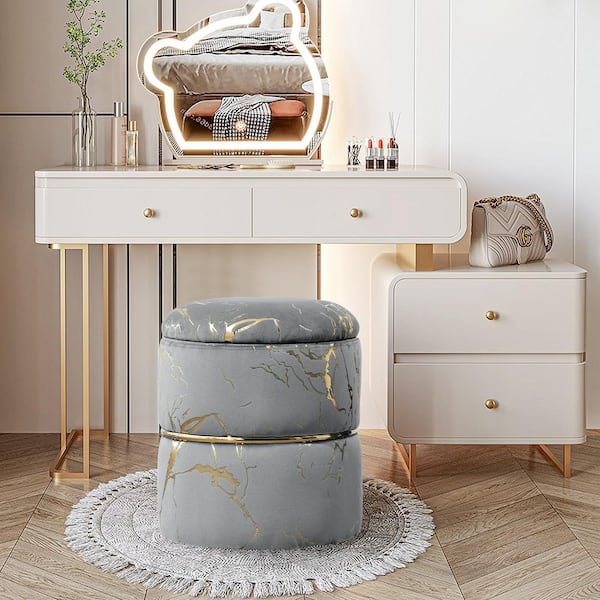 CSC DECOR INC Grey 2-Piece Velvet Round Ottoman with Storage Upholstered Sherpa Vanity Stool Ottomans with Removable Lid Foot Rest