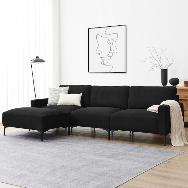 Harper & Bright Designs 104 in. W Square Arm Soft Velvet L-Shaped Sectional Sofa with Convertible Ottoman in. Black