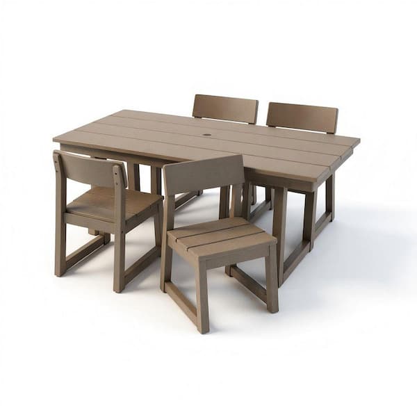 5-Piece HDPE Outdoor Dining Conversation Sectional Sofa Set, 69 in. L Rectangular Table with Umbrella Hole, Dark Oak