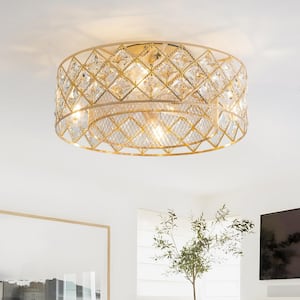 19 in. 4-Light Small Modern Gold Flush Mount with Crystal Shade