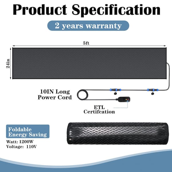 10 ft. x 24 in. Heated Snow Melting Mats Outdoor Anti-Slip Heated Driveway Snow Melting Mats Ramps with Power Cord