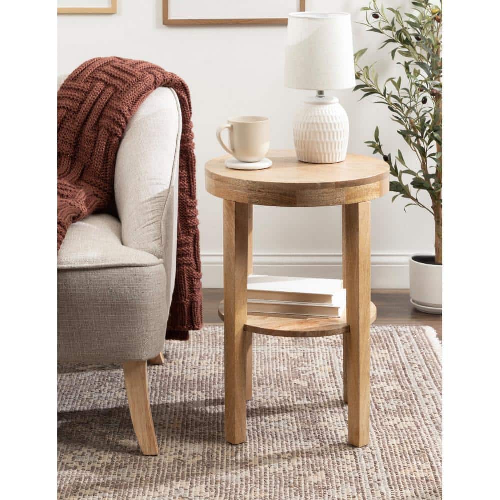 Natural Mango Wood Round Two-Tier Side Table, 16x16x24