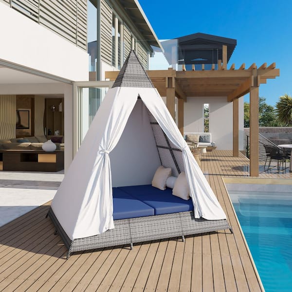HomeAura 90.5 in. Tent Shape Gray Wicker Outdoor Day Bed with Blue Cushions