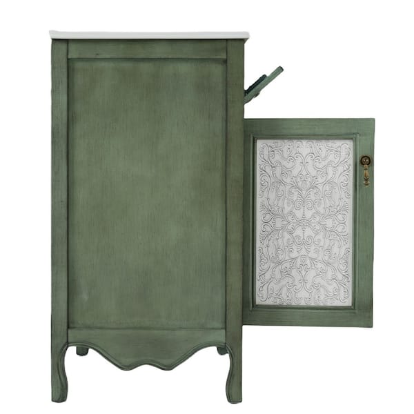 Calder Vintage 30 in. Bathroom Antique Green and Blue Wood Cabinet Bath Vanity with White Ceramic Top Sink, Tip-Out Tray