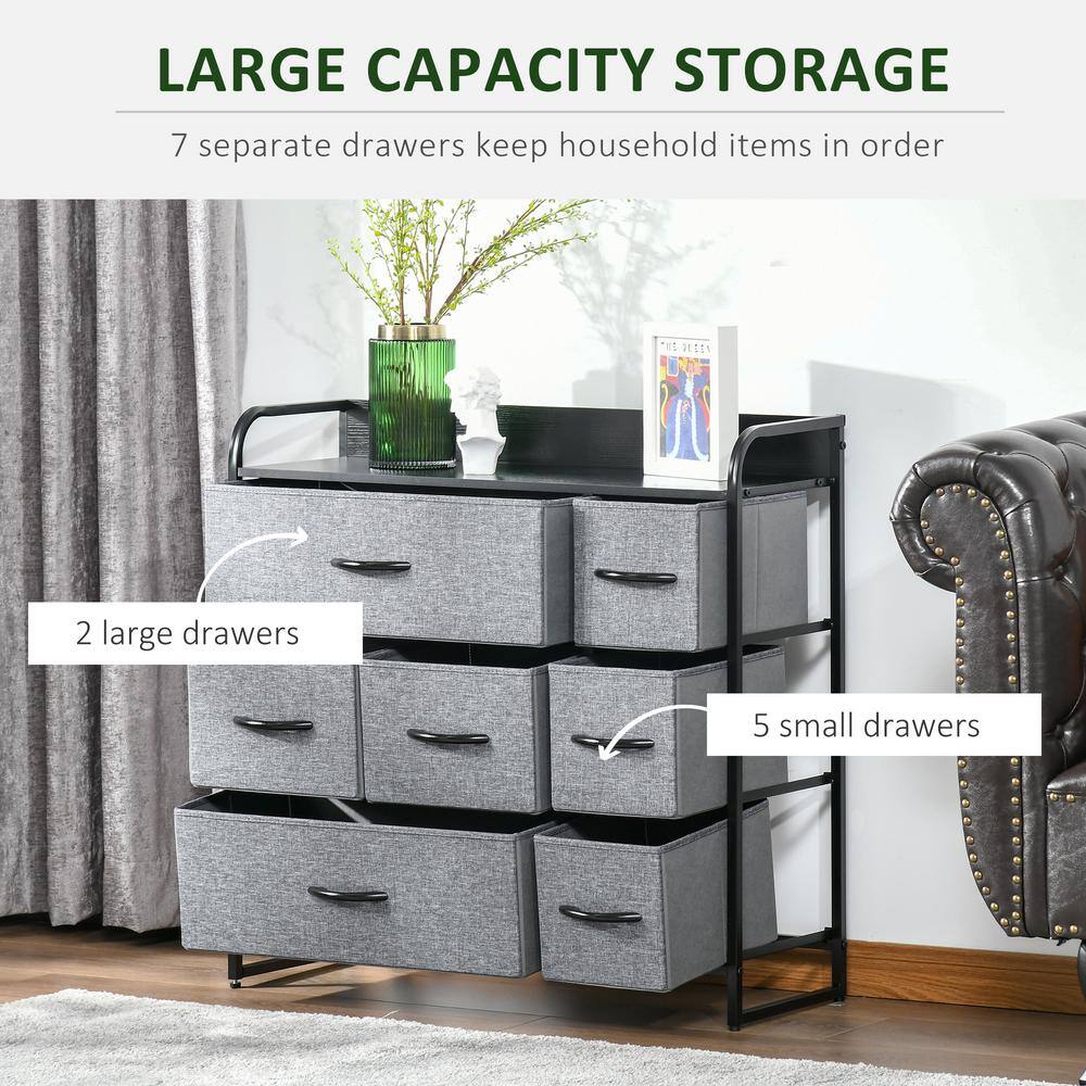 Gray Fabric 7-Drawer Dresser with Dark Wood Top and Steel Frame