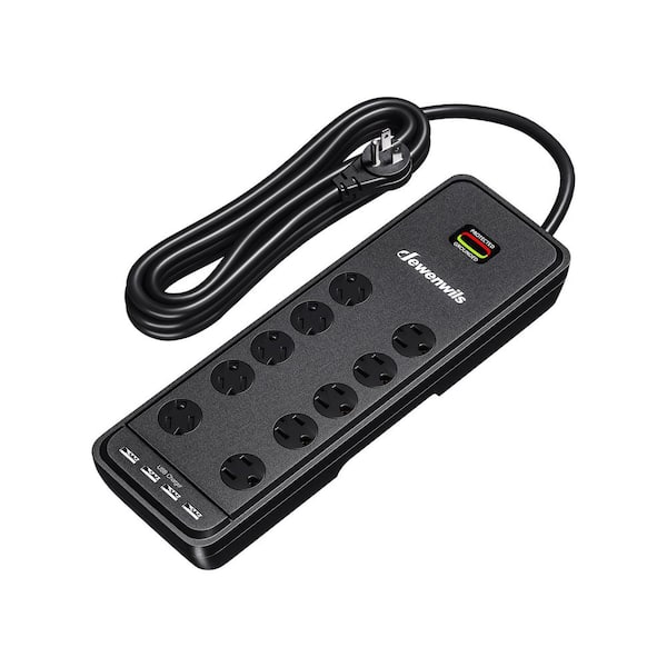 15 ft. 10-Outlet Surge Protector Power Strip with 4-USB Ports, 2480 J, Black