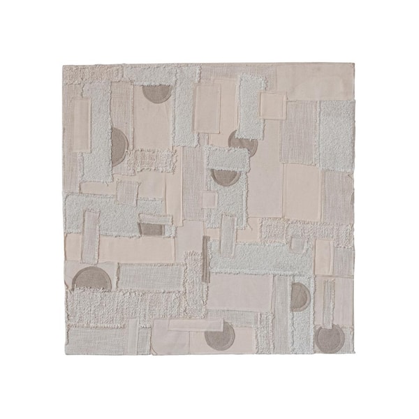 Storied Home Natural and Cream Cotton and Wool Patchwork Wall Hanging Decor with Oak Wood Frame