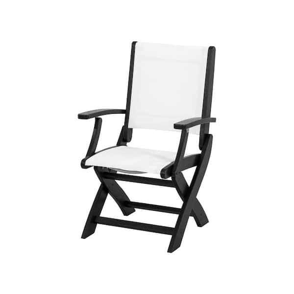 POLYWOOD Coastal Black Patio Folding Chair with White Sling