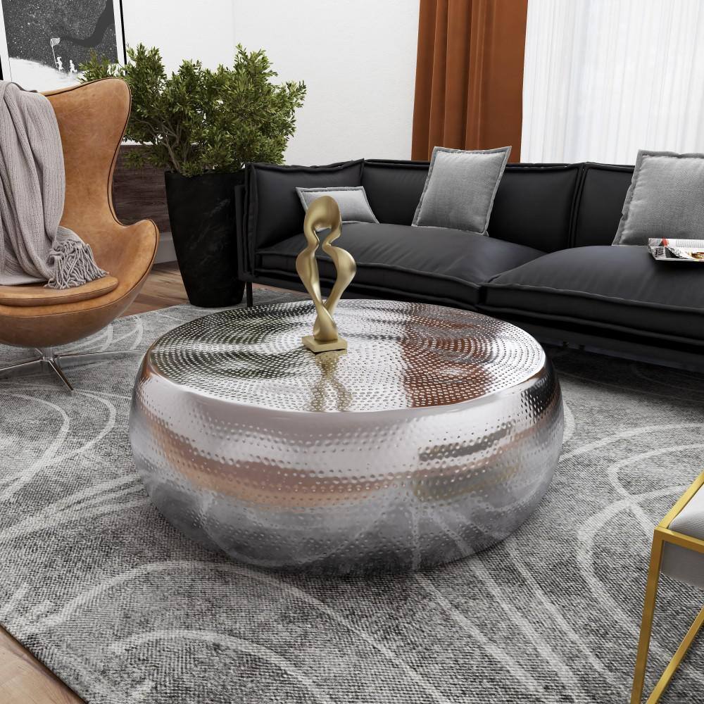 Elegant Hammered Silver Aluminum Round Coffee Table - 49"